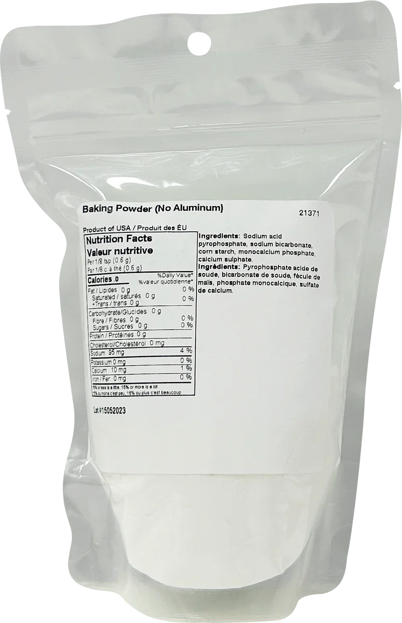 Bag of baking powder with nutritional information label on a white background