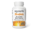 A bottle of Natural Factors RegenerLife Rhodiole with 60 vegetarian capsules, labeled for stress relief and mental stamina.