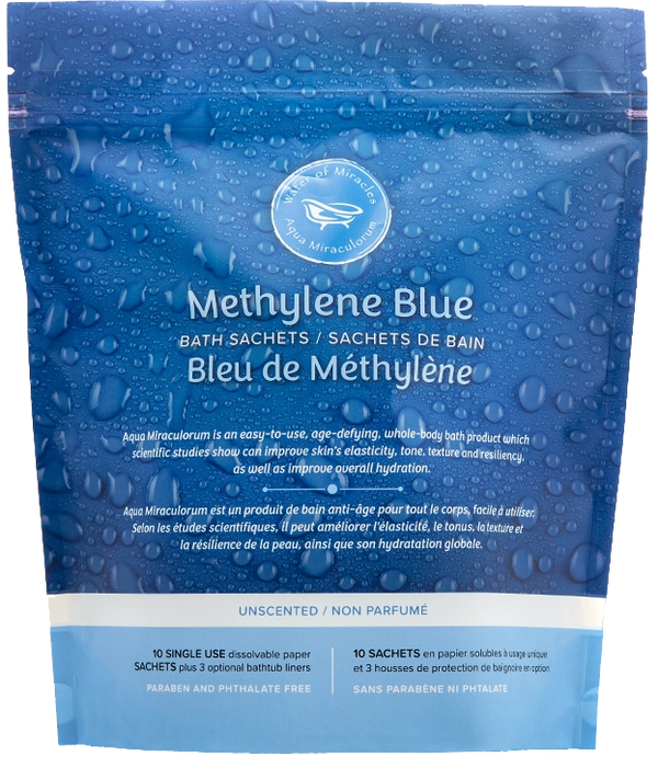 Aqua Miraculorum Methylene Blue Age Defying Bath – a luxurious blue bath soak in a glass jar, designed to promote youthful skin, rejuvenation, and cellular renewal through antioxidant-rich methylene blue.