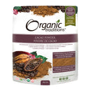 Packaging of Organic Traditions Cacao Powder showing the product and its uses.