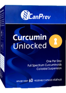 Canprev Curcumin Unlocked (60 Vcaps) - A bottle of curcumin supplement in a sleek design with a white and gold label, offering powerful anti-inflammatory benefits.