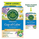 Two boxes of Traditional Medicinals Cup of Calm tea with a comparison label indicating 'New Look! Same trusted formula!'.