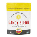 Packaging of Dandy Blend instant herbal beverage with dandelion, caffeine-free, in a yellow and white bag.