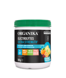 A container of Organika Electrolyte Extra Strength powder in Fruit Punch flavor. The container is labeled with the brand name, product description, and net weight of 180 grams.