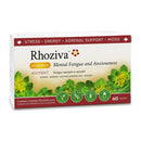 Packaging of Rhoziva Rhodiola Rosea supplement containing 60 capsules, with images of the rhodiola plant and information about the product's benefits for stress, energy, adrenal support, and mood.