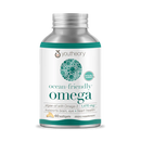 A bottle of Youtheory Ocean Friendly Omega softgels containing 60 capsules, with a label that highlights its vegan and ocean-friendly qualities.