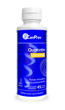 A bottle of Canprev Quercetin Liposomal in pineapple flavor, with a blue label and a white cap.