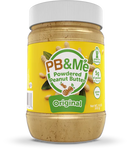 A jar of PB&Me Powdered Peanut Butter with the label showing the brand name, product name, and dietary preference labels such as vegan, non-GMO, gluten-free, and kosher.