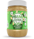 PB&Me powdered peanut butter in a clear scoop next to the 453 g container, highlighting the fine, dry texture of the product.