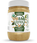 Serving suggestion with rehydrated PB&Me peanut butter spread on toast beside the product jar, showcasing its creamy consistency and versatility.