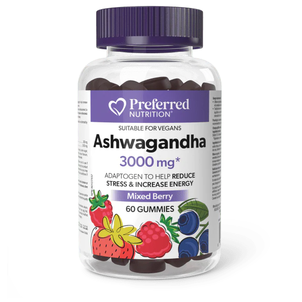 Bottle of Preferred Nutrition Ashwagandha gummies on a white background
