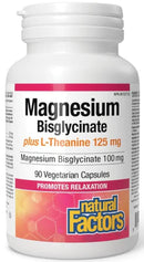 Bottle of Natural Factors Magnesium Bisglycinate 100 mg plus L-Theanine 125 mg (90 vegetarian capsules), a dietary supplement for stress support and muscle relaxation.