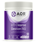 Purple supplement container with AOR logo and 'UTI Cleanse Gestion IVU' text on a white background