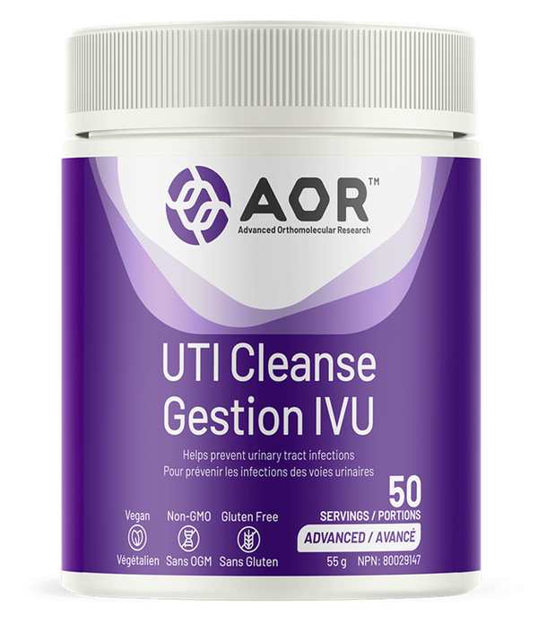 Purple supplement container with AOR logo and 'UTI Cleanse Gestion IVU' text on a white background