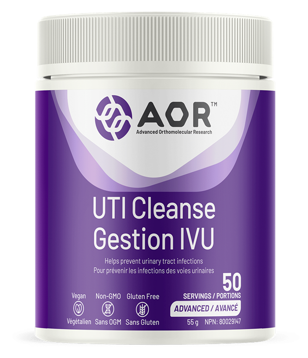 Purple supplement container with AOR logo and 'UTI Cleanse Gestion IVU' text on a white background