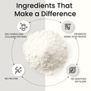 Scoop of Vitasave collagen powder beside a measuring spoon.