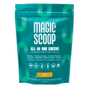Magic Scoop All-In-One Nutritional Greens Mango Pouch (312 g) – Front view of the vibrant yellow-green pouch with tropical mango graphics and product details