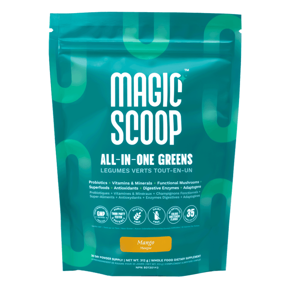 Magic Scoop All-In-One Nutritional Greens Mango Pouch (312 g) – Front view of the vibrant yellow-green pouch with tropical mango graphics and product details