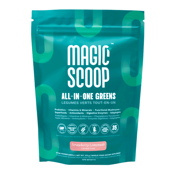 A 314g pouch of Magic Scoop All-In-One Nutritional Greens in Strawberry Lemonade flavor, featuring vibrant packaging with images of strawberries and lemons.