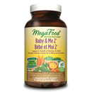 Bottle of MegaFood Baby & Me 2 prenatal vitamins tablets with colorful label showing natural ingredients and supplement facts.