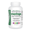 A bottle of Prairie Naturals Moringa Leaf Organic dietary supplement with 500 mg of Moringa leaf powder, containing 180 vegan capsules.