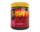 A container of Mutant MADNESS pre-workout supplement in Fruit Punch flavor with a yellow lid and a label featuring the product name and flavor prominently displayed.