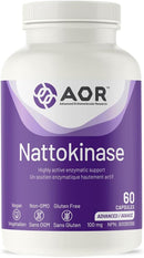 Front view of AOR Nattokinase (60 Capsules) bottle, featuring a clear label showcasing the product name, with a focus on the supplement's natural health benefits and enzyme support.