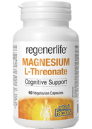 A bottle of Natural Factors Magnesium L-Threonate with 90 vegetarian capsules, labeled for cognitive support.