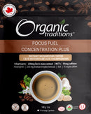 Packaging of Organic Traditions Focus Fuel Instant Mushroom Coffee, showing the product name, logo, and an image of a cup of coffee, with mentions of lion's mane mushroom and adaptogens.