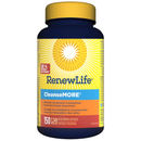 Renew Life CleanseMORE supplement bottle with yellow and blue label on white background