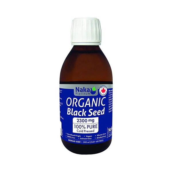 Bottle of Naka Organic Black Seed on a white background