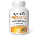 Front‑facing supplement bottle showing “RegenerLife NMNSurge 150 mg” in green and grey letters on a white background, “Natural Factors” brand logo at the top, and “60 VCaps” indicated below.
