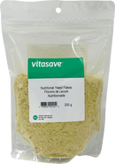 Packaging of Vitasave Nutritional Yeast Flakes, showing the product in a clear plastic bag with the brand name and product details.