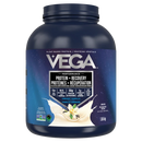 Vega protein powder container with blue label on a white background
