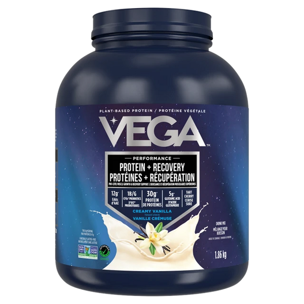 Vega protein powder container with blue label on a white background