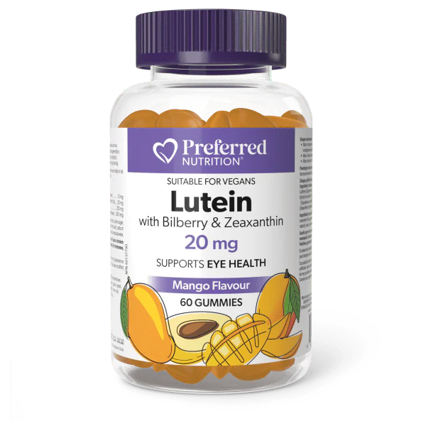 Bottle of Preferred Nutrition Lutein gummies with a purple cap on a white background
