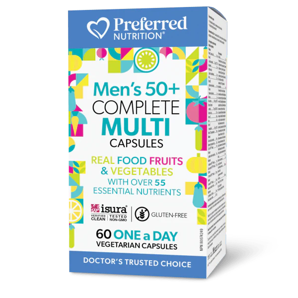 Preferred Nutrition Men's 50+ Complete Multi supplement package on a white background