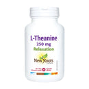 "New Roots L-Theanine 250 mg V-Caps packaging, emphasizing its benefits for mental clarity and relaxation."