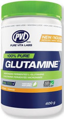 A container of PVL Essentials 100% Pure Glutamine in orange flavor, with a net weight of 400 grams.