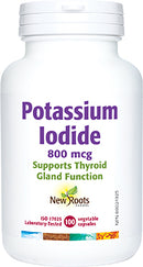 Bottle of New Roots Potassium Iodide 800 mcg capsules, with product information and branding visible.