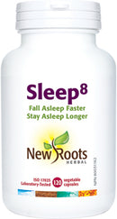 Close-up of New Roots Sleep8 vegan capsules with calming herbal ingredients for better sleep.
