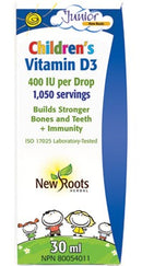Bottle of New Roots Children's Vitamin D3 400 IU Drops (30 mL) with dropper, designed for kids' bone and immune health, featuring a child-friendly label with bright, playful graphics.