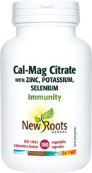 A bottle of New Roots Cal-Mag Citrate with Zinc, Potassium, Selenium supplements in vegetable capsule form.