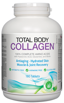 A bottle of Total Body Collagen supplements with 180 tablets, highlighting the benefits of anti-aging, hydrated skin, joint support, and muscle recovery.