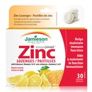 Front label of Jamieson Zinc Lozenges supplement in Honey Lemon flavor, highlighting natural ingredients for immune health.