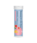 Close-up of Organika Instant C, D, Zinc Immunity 10 tablets in a tube packaging featuring watermelon flavor for immune system support.