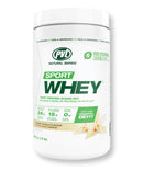 A container of PVL Essentials Sport Whey Protein in Creamy Vanilla flavor.
