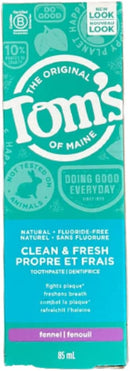 Packaging of Tom's of Maine Clean & Fresh Fluoride-Free Toothpaste in Fennel Flavour, 85 mL.