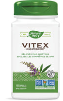 Nature's Way Vitex Chasteberry supplement in a white bottle with green lid, containing 100 capsules, with product information and branding visible.