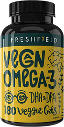 Bottle of Freshfield Vegan Omega-3 VCaps showcasing plant-derived essential fatty acids for overall wellness.
